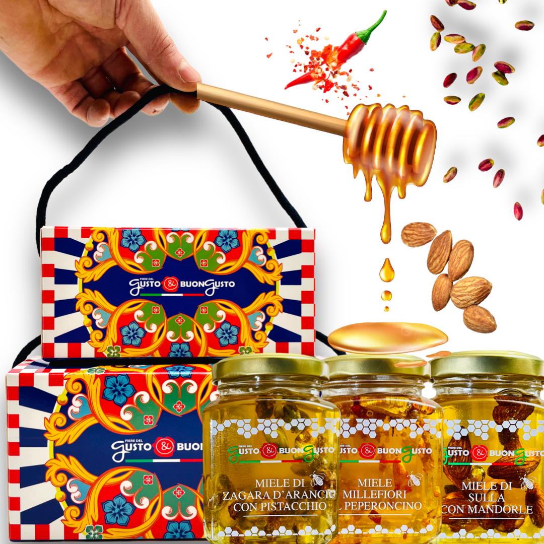 Zestaw - miody rzemieślnicze z Sycylii. Peperoncino , pistacja, migdał. HIT